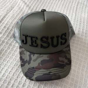 JESUS Puff Embroidered Camo Trucker Snapback Hat